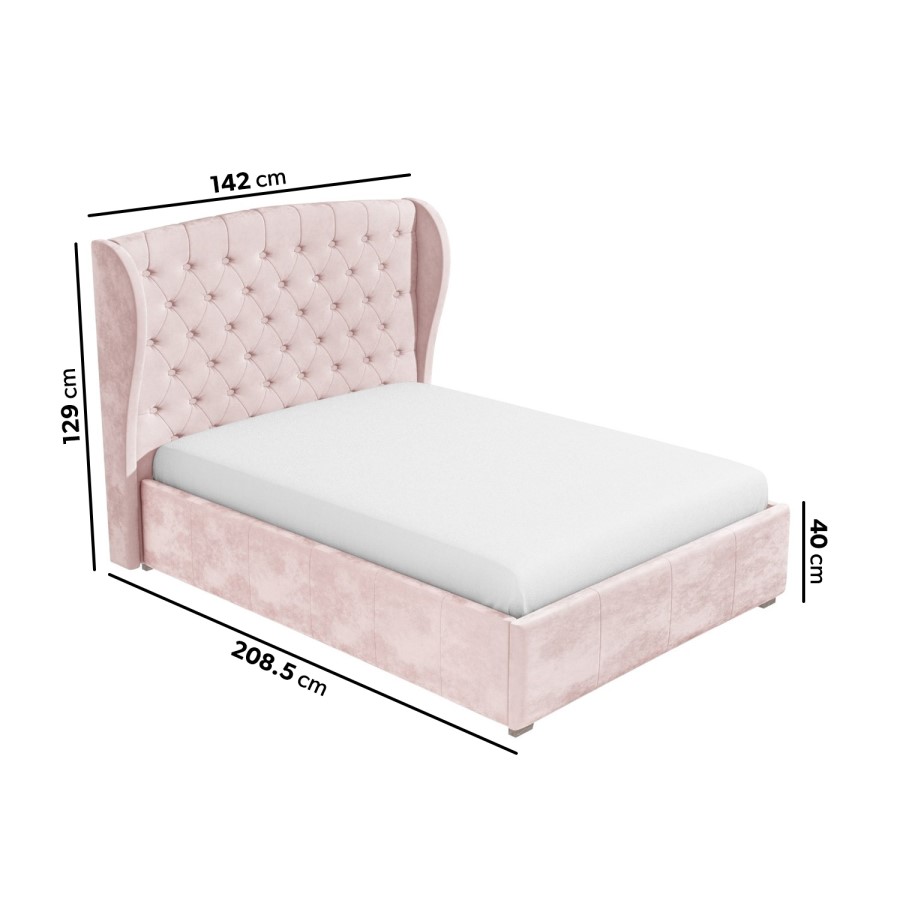 GRADE A2 - Pink Velvet Small Double Ottoman Bed with Winged Headboard - Safina