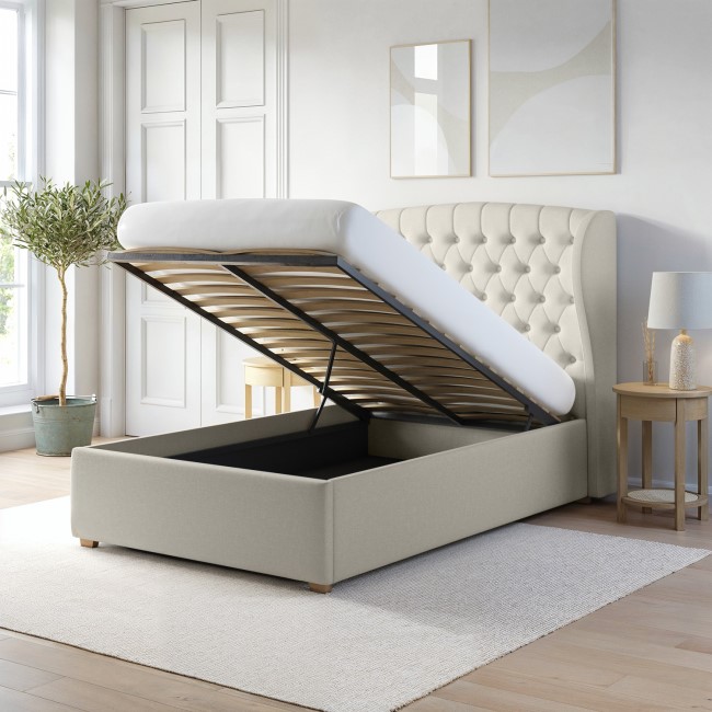 Cream Fabric Small Double Ottoman Bed with Winged Headboard - Safina