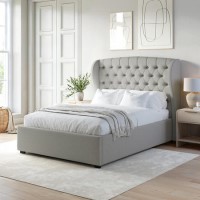 GRADE A1 - Grey Upholstered Double Ottoman Bed with Winged Headboard - Safina