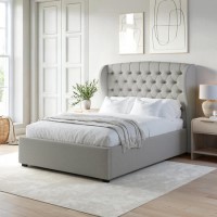 Grey Fabric Double Ottoman Bed with Winged Headboard - Safina