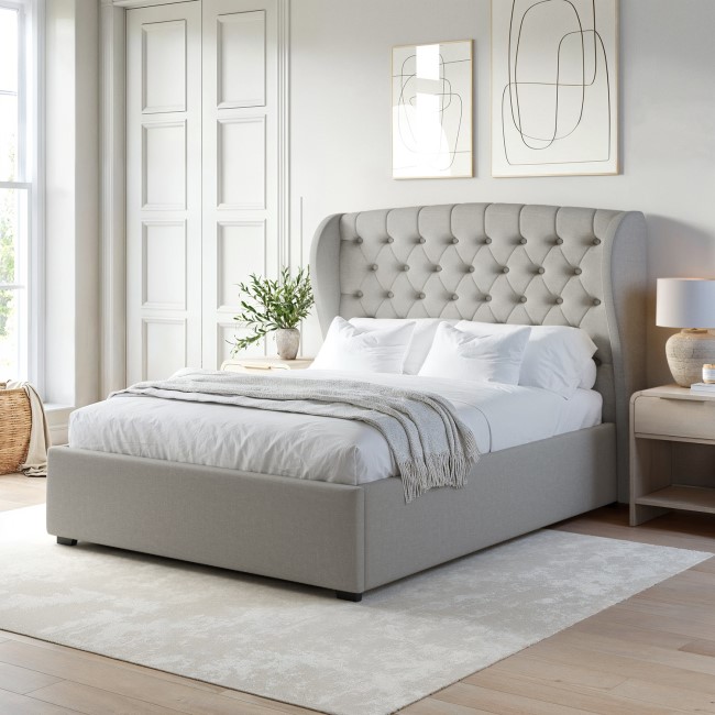 ONLY OPENED - Grey Fabric King Size Ottoman Bed with Winged Headboard - Safina