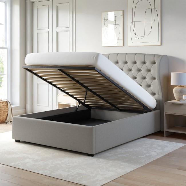 ONLY OPENED - Grey Fabric King Size Ottoman Bed with Winged Headboard - Safina