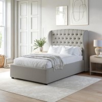ONLY OPENED - Grey Upholstered Small Double Ottoman Bed with Winged Headboard - Safina