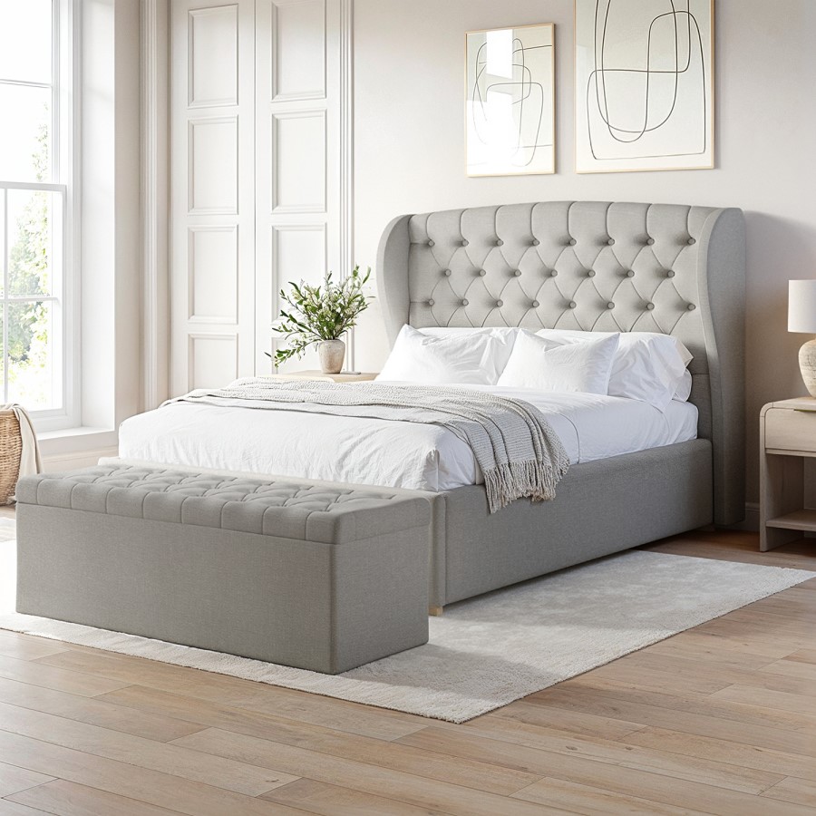 ONLY OPENED - Grey Upholstered Small Double Ottoman Bed with Winged Headboard - Safina