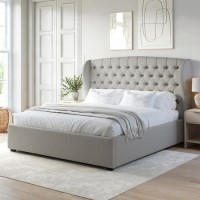 Grey Fabric Super King Ottoman Bed with Winged Headboard - Safina