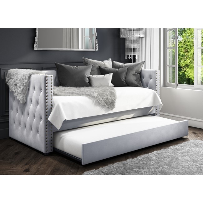 GRADE A1 - Sacha Velvet Day Bed in Grey - Trundle Bed Included