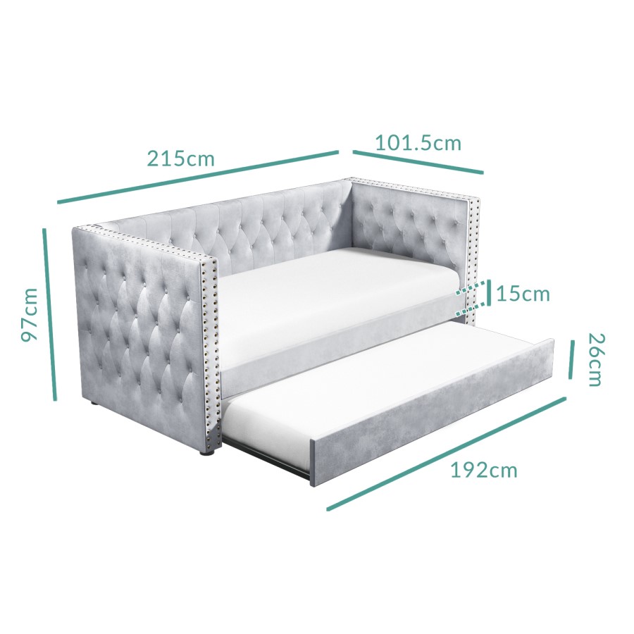 GRADE A2 - Single Day Bed Sofa with Trundle in Grey Velvet - Sacha