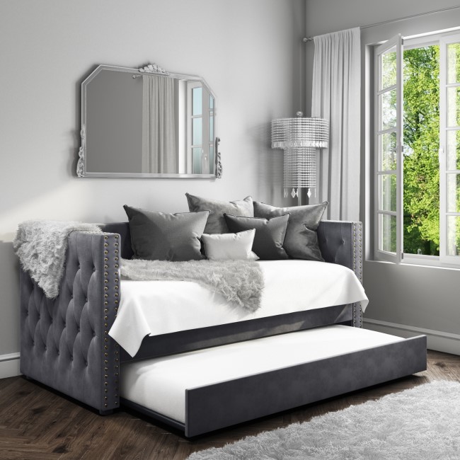 GRADE A1 - Sacha Velvet Day Bed in Anthracite Grey - Trundle Bed Included