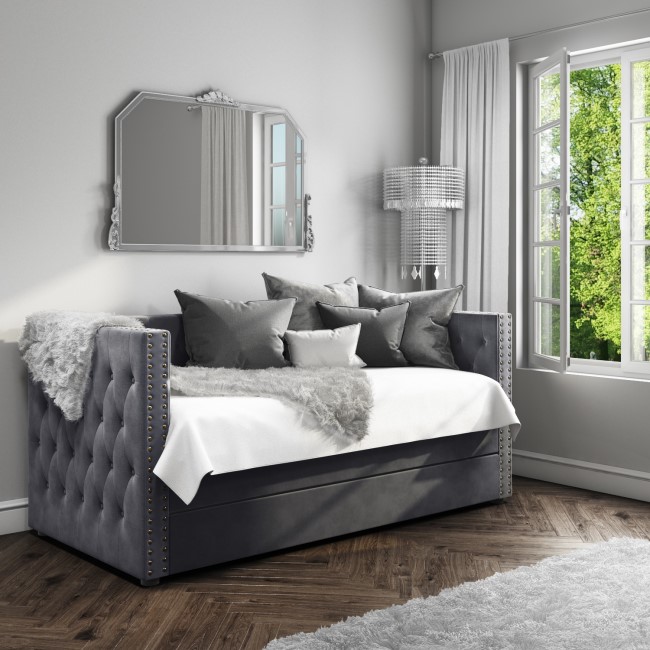 GRADE A1 - Sacha Velvet Day Bed in Anthracite Grey - Trundle Bed Included