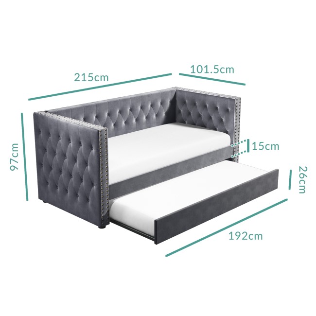 GRADE A1 - Sacha Velvet Day Bed in Anthracite Grey - Trundle Bed Included