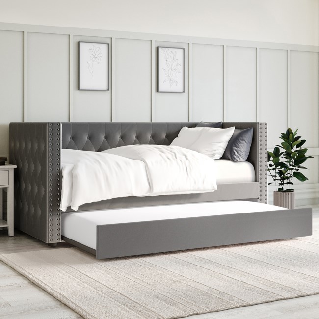 GRADE A2 Single Day Bed Sofa with Trundle in Dark Grey Velvet Sacha
