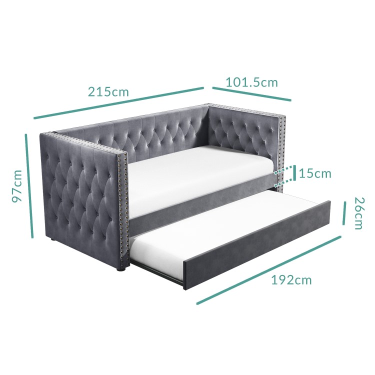 GRADE A2 - Dark Grey Velvet Single Day Bed with Trundle - Sacha