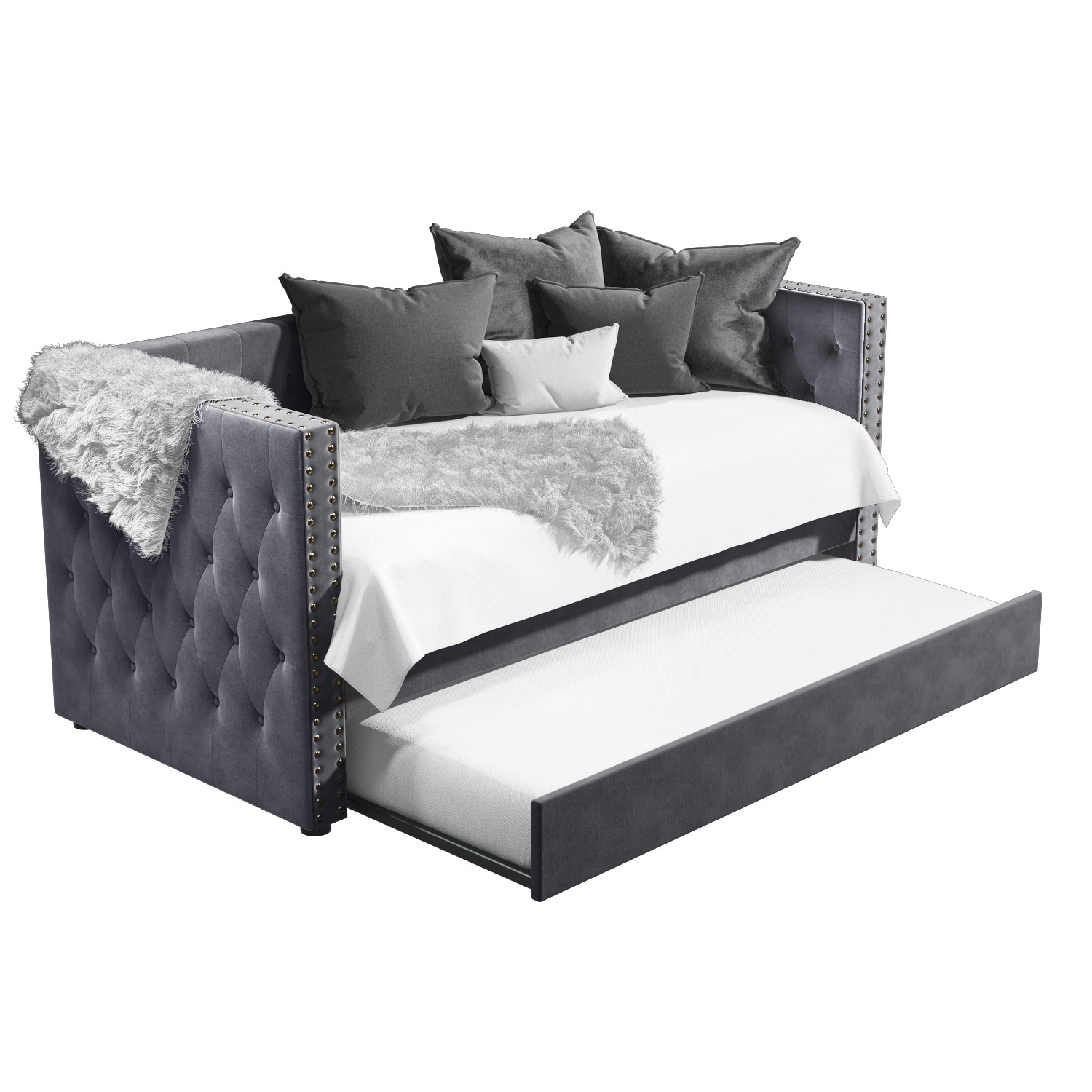 Dark Grey Velvet Single Day Bed with Trundle Sacha Furniture123