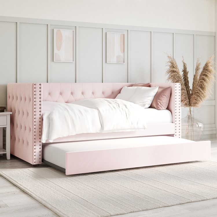 Single Day Bed Sofa with Trundle in Pink Velvet - Sacha