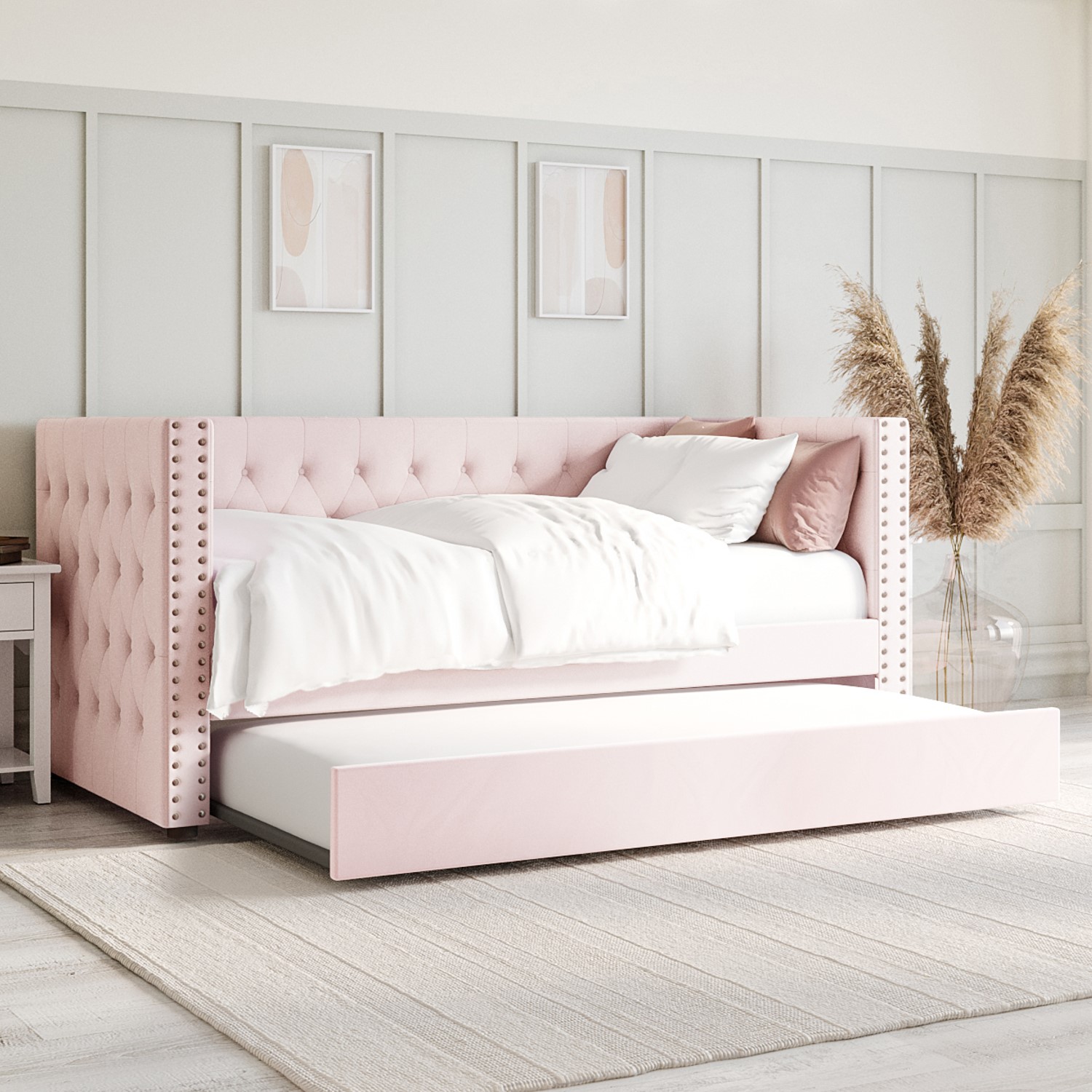 Photo of Single day bed sofa with trundle in pink velvet - sacha