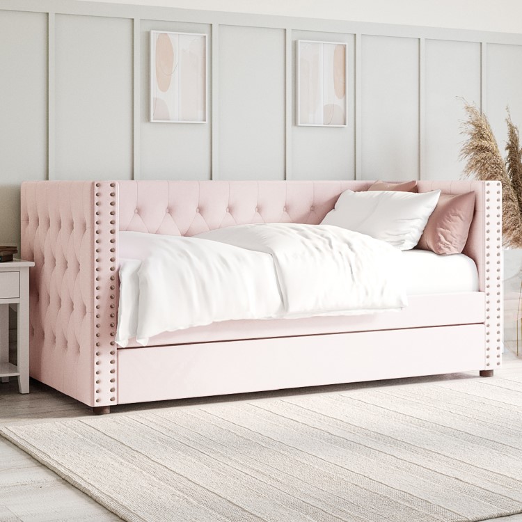 Single Day Bed Sofa with Trundle in Pink Velvet - Sacha