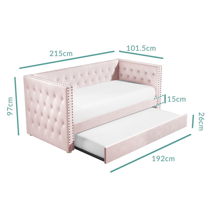 Sacha Velvet Sofa Bed in Baby Pink - Trundle Bed Included
