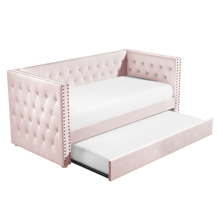 Single Day Bed Sofa with Trundle in Pink Velvet - Sacha