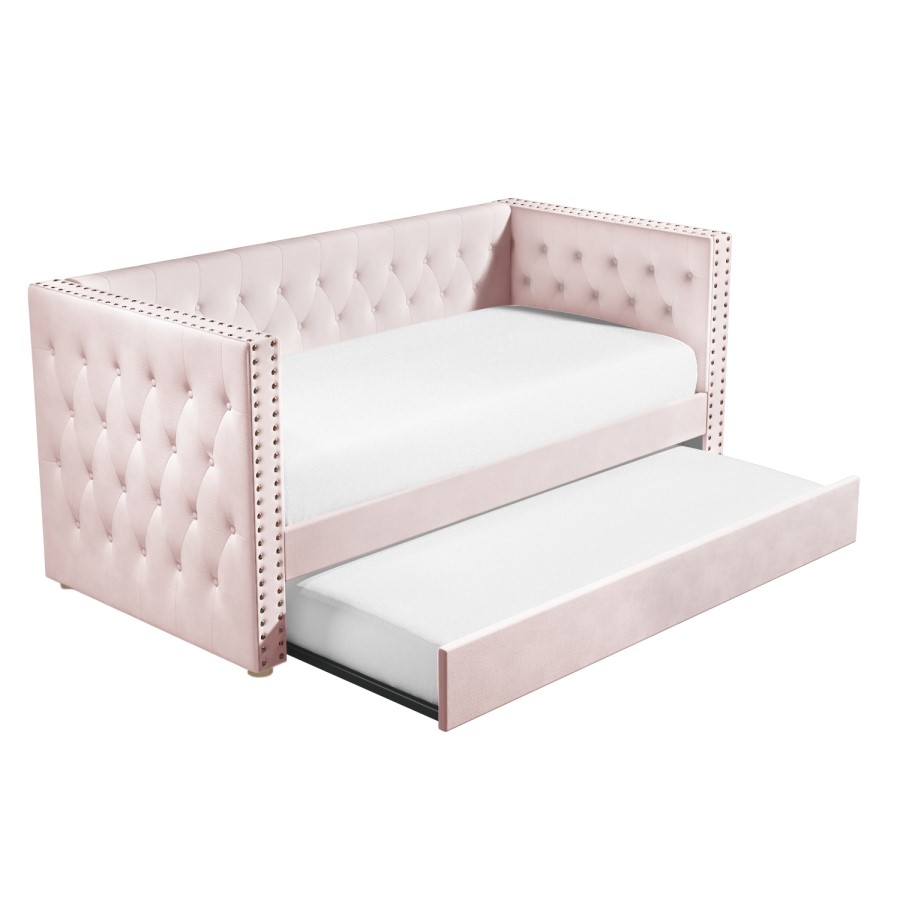 Sacha Velvet Sofa Bed in Baby Pink - Trundle Bed Included