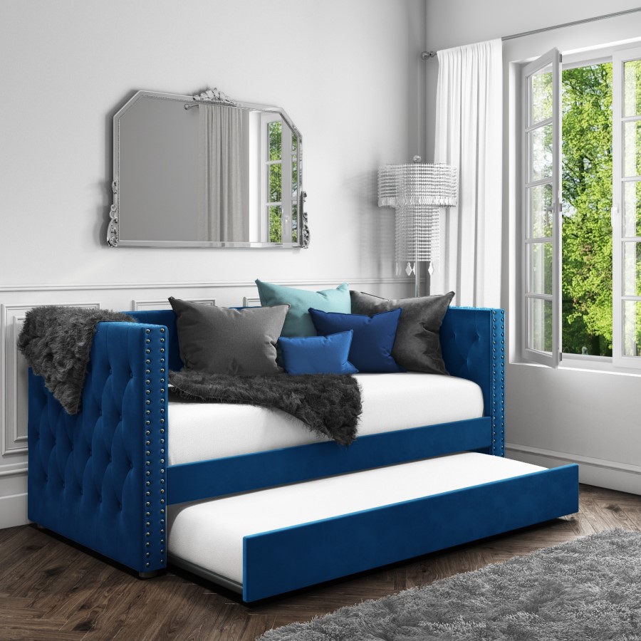 GRADE A2 - Sacha Velvet Day Bed in Navy Blue - Trundle Bed Included