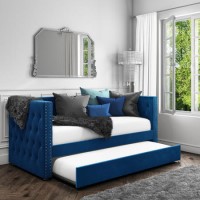 GRADE A1 - Sacha Velvet Day Bed in Navy Blue - Trundle Bed Included GRADE A1 - Sacha Velvet Day Bed in Navy Blue - Trundle Bed Included