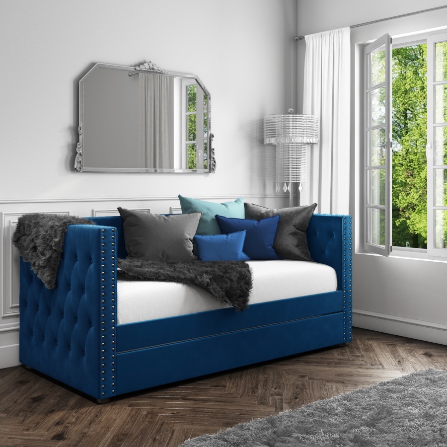 GRADE A1 - Sacha Velvet Day Bed in Navy Blue - Trundle Bed Included