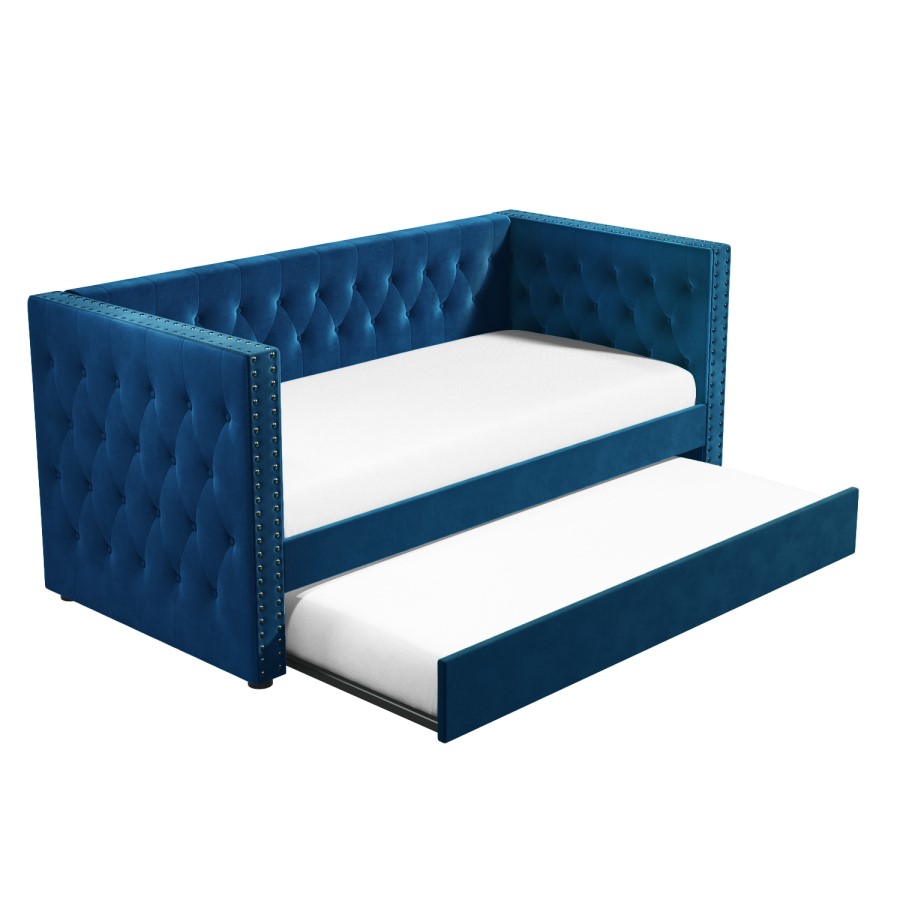 GRADE A1 - Sacha Velvet Day Bed in Navy Blue - Trundle Bed Included