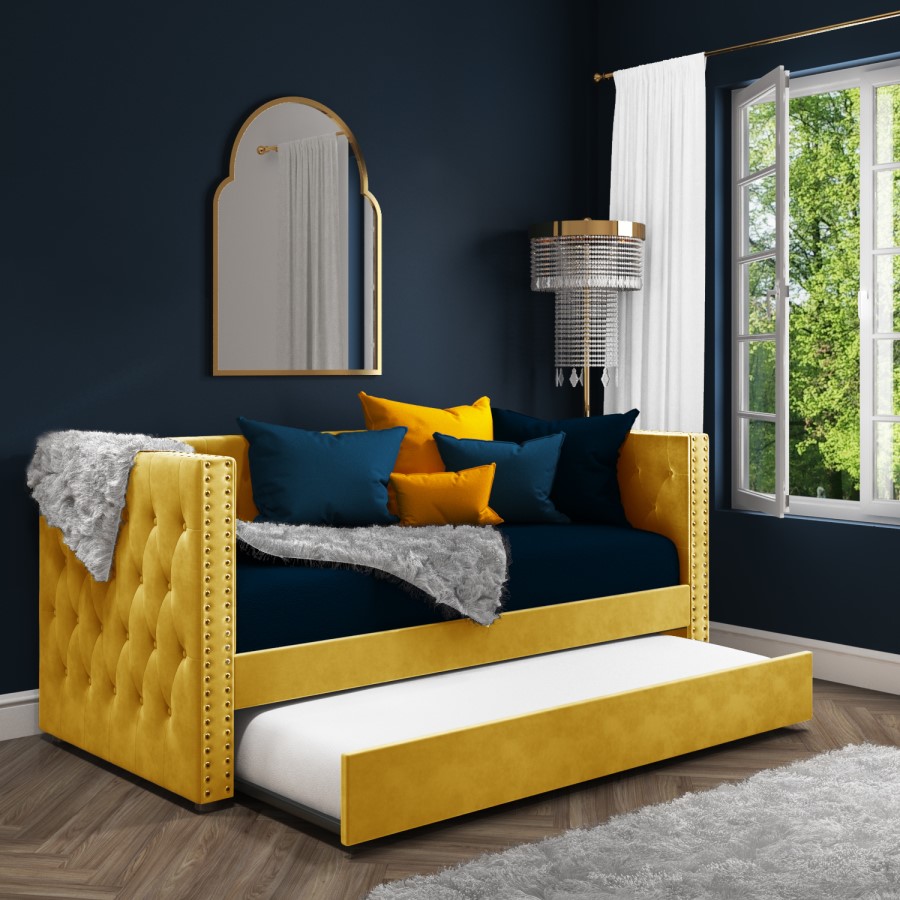 GRADE A1 - Sacha Velvet Day Bed in Mustard Yellow - Trundle Bed Included
