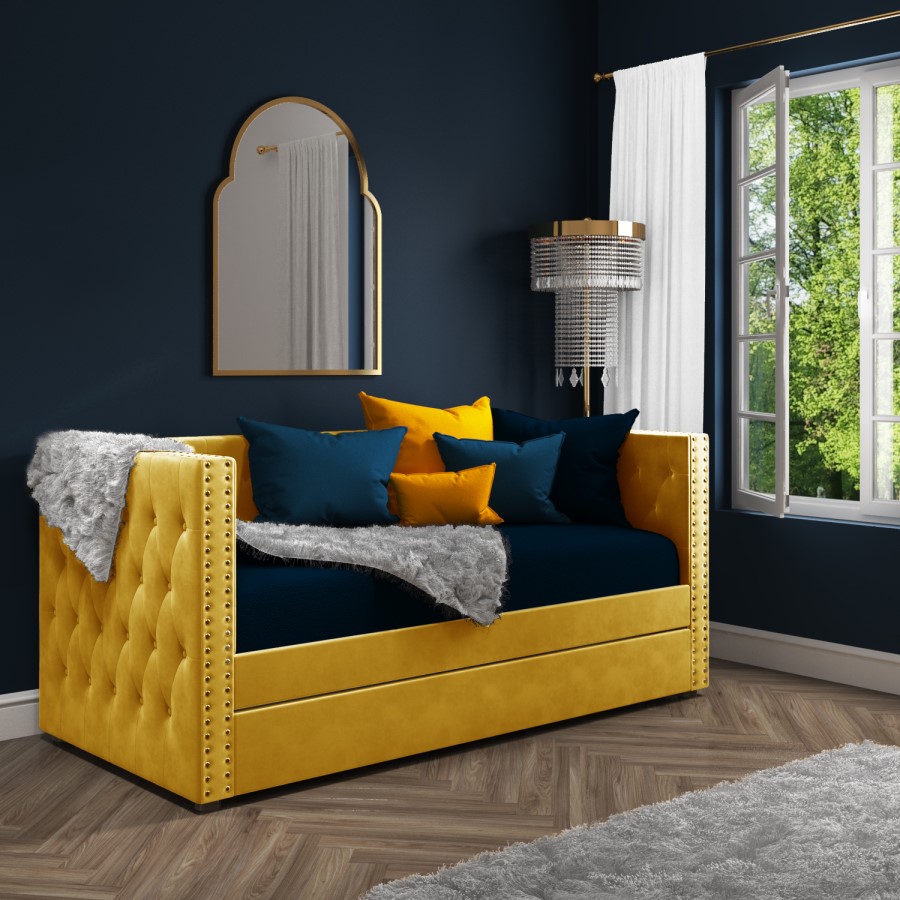 GRADE A1 - Sacha Velvet Day Bed in Mustard Yellow - Trundle Bed Included