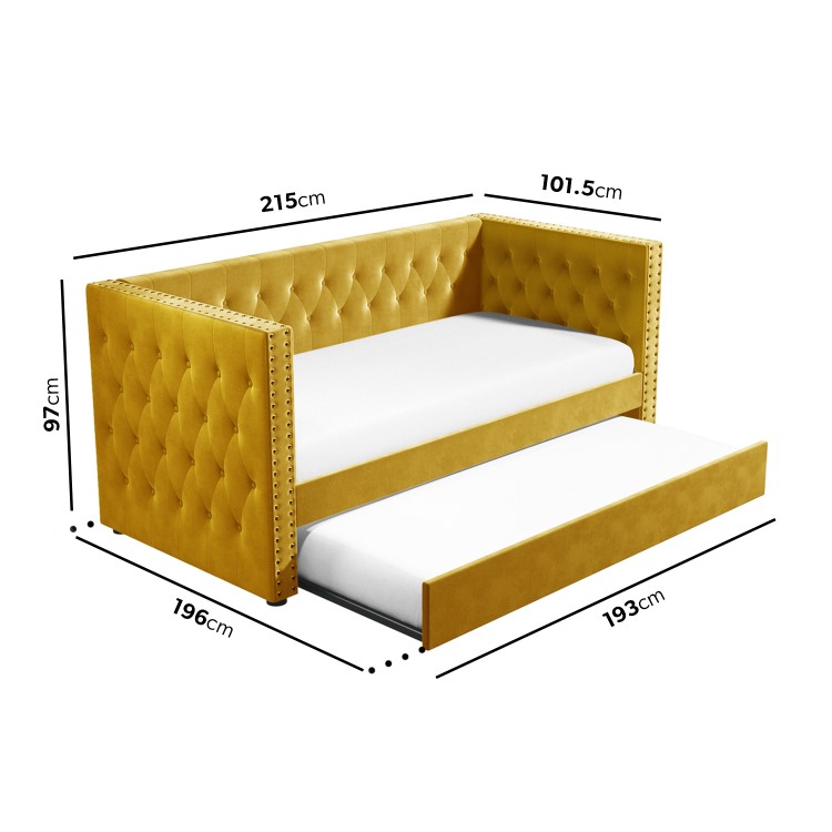 Single Day Bed Sofa with Trundle in Mustard Yellow Velvet - Sacha