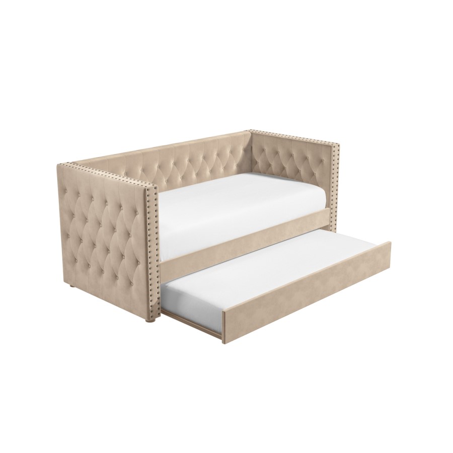GRADE A1 - Sacha Velvet Day Bed in Beige - Trundle Bed Included