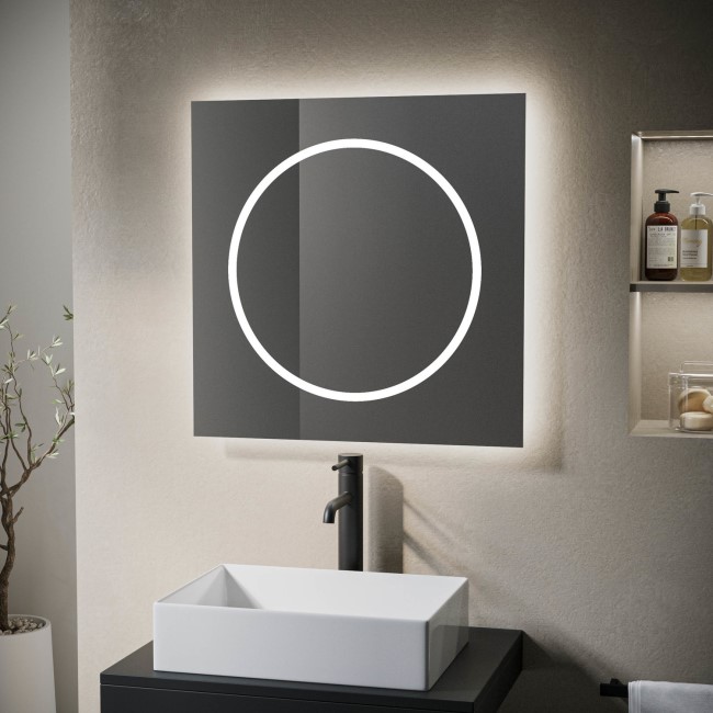 Square Backlit Heated Bathroom Mirror with Lights 600mm - Saturn