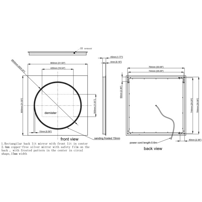 Square Backlit Heated Bathroom Mirror with Lights 800mm - Saturn