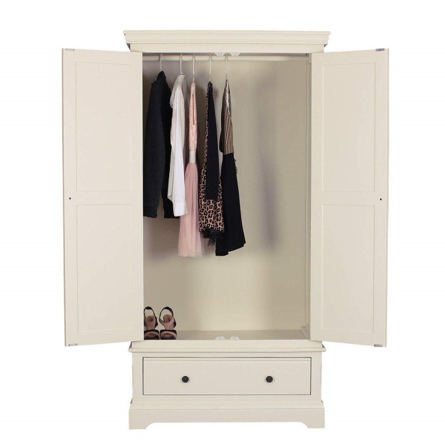 Savannah Solid Wood 2 Door 1 Drawer Wardrobe in Ivory/cream