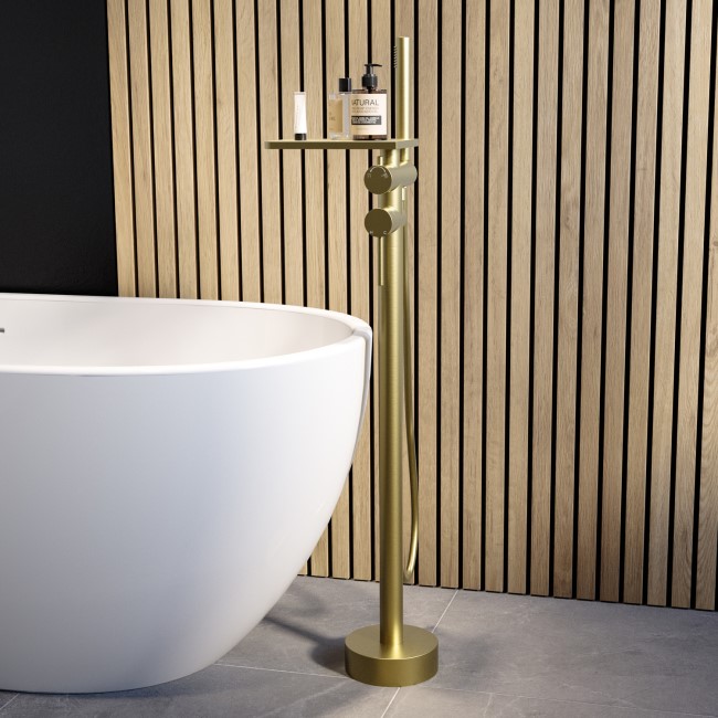 Brushed Brass Freestanding Bath Shower Mixer with Shelf - Savannah