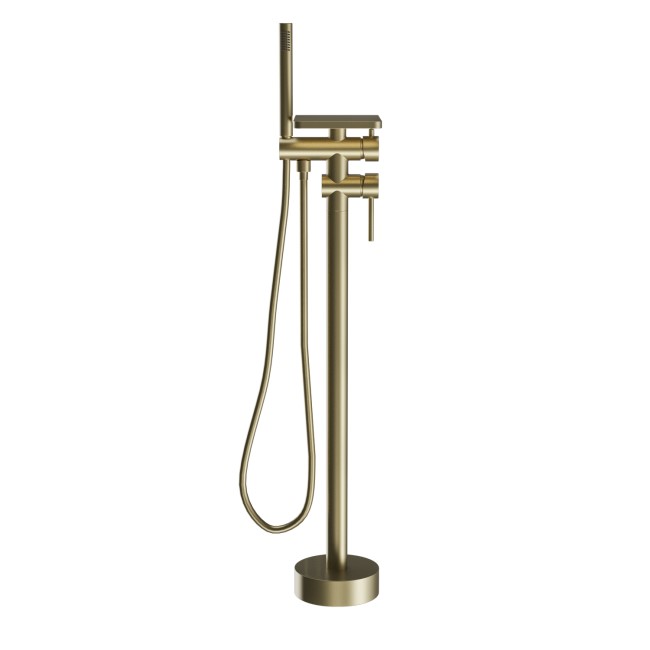 Brushed Brass Freestanding Bath Shower Mixer with Shelf - Savannah