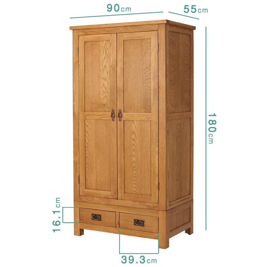Rustic Saxon Oak 2 Door 2 Drawer Wardrobe