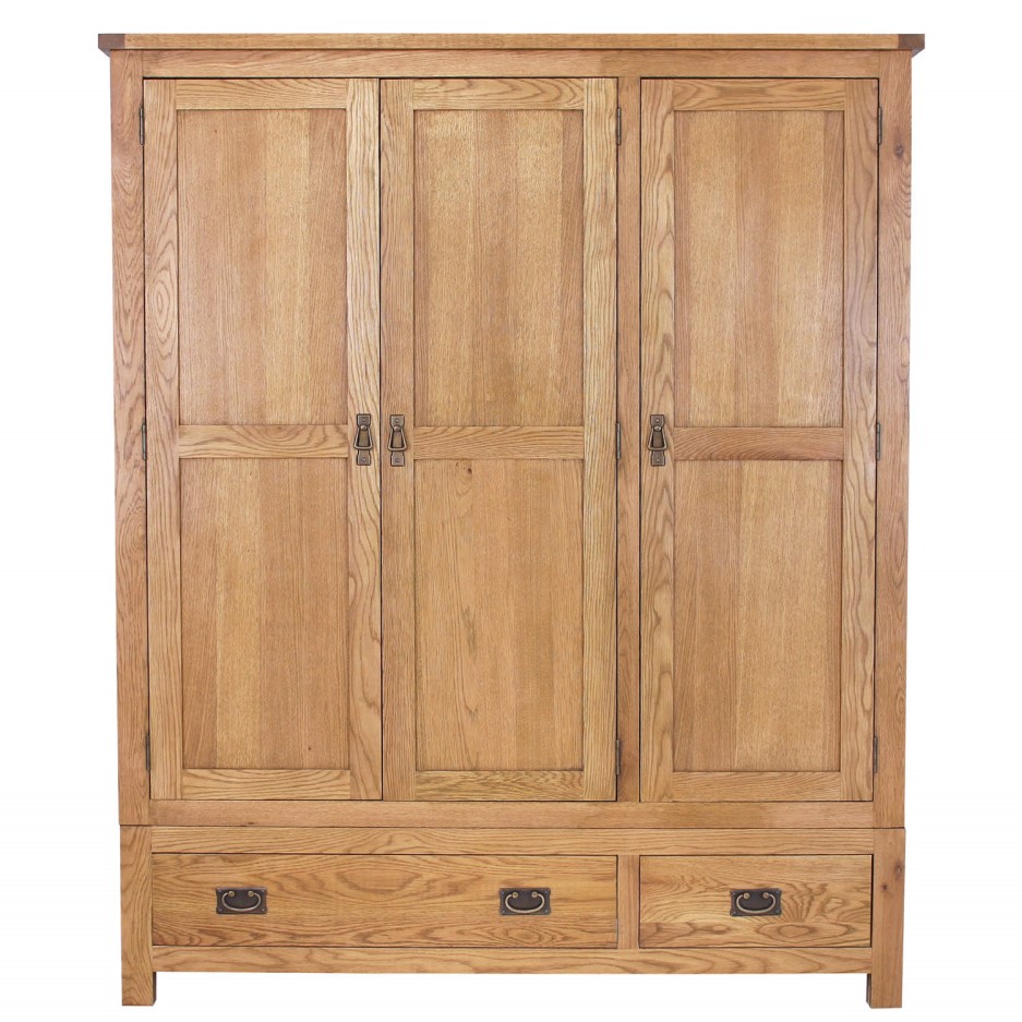 Rustic Saxon Oak 3 Door 2 Drawer Wardrobe Furniture123