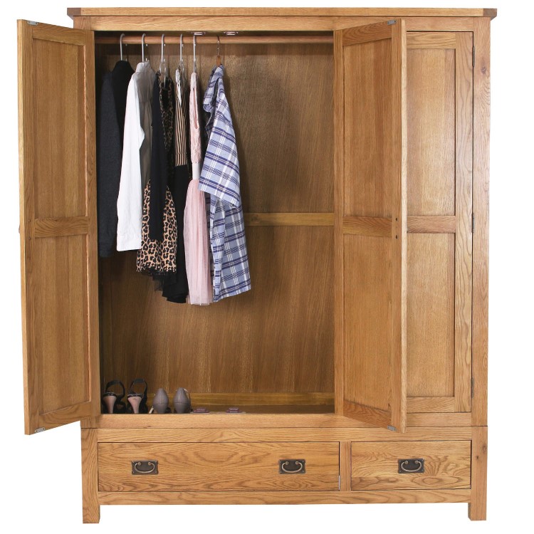 Rustic Saxon Oak 3 Door 2 Drawer Wardrobe