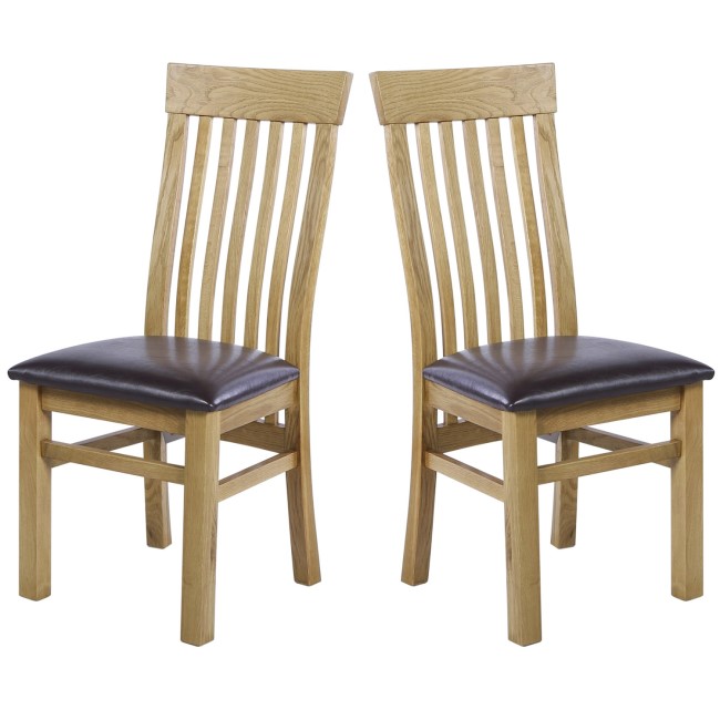 Pair of Solid Oak Dining Chairs with Brown Faux Leather - Rustic Saxon 