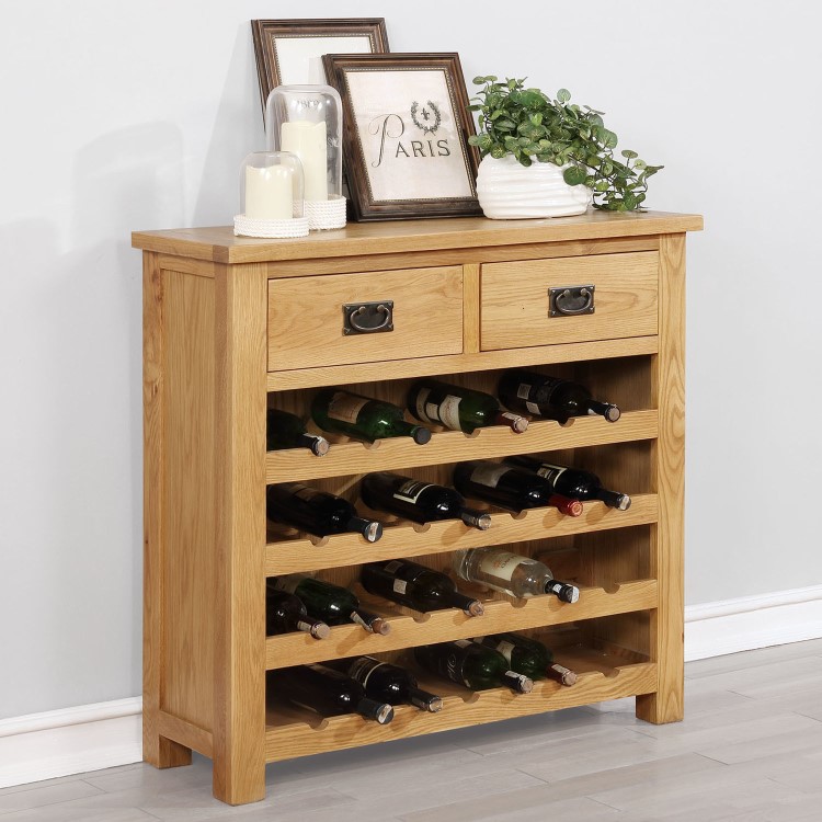 Solid Oak Wine Rack Sideboard with Drawers - Rustic Saxon