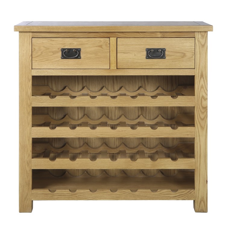 Solid Oak Wine Rack Sideboard with Drawers - Rustic Saxon