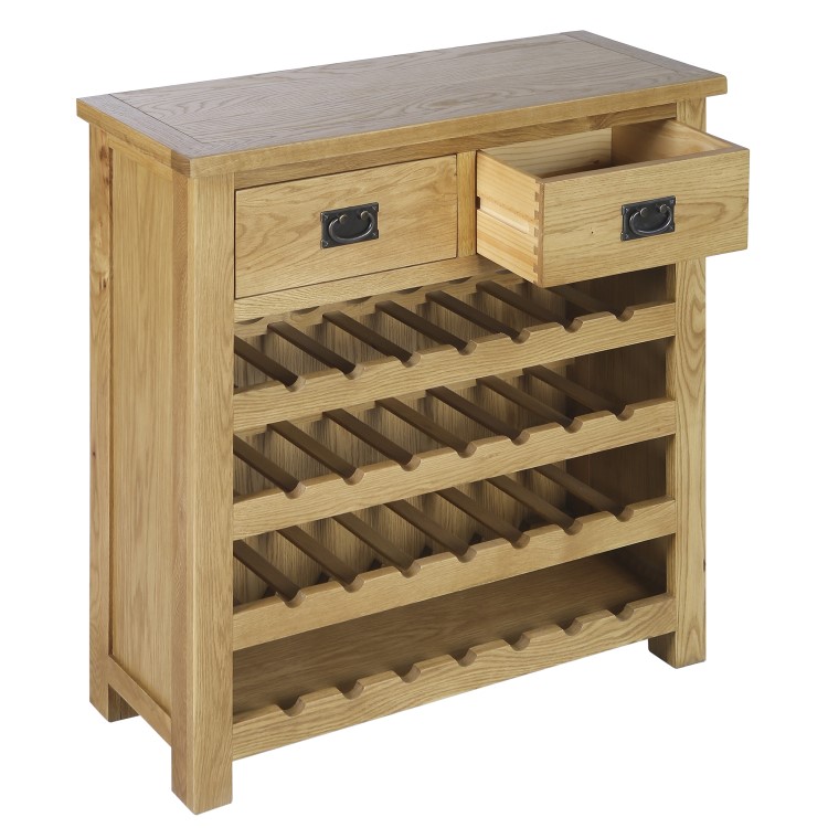 Solid Oak Wine Rack Sideboard with Drawers - Rustic Saxon