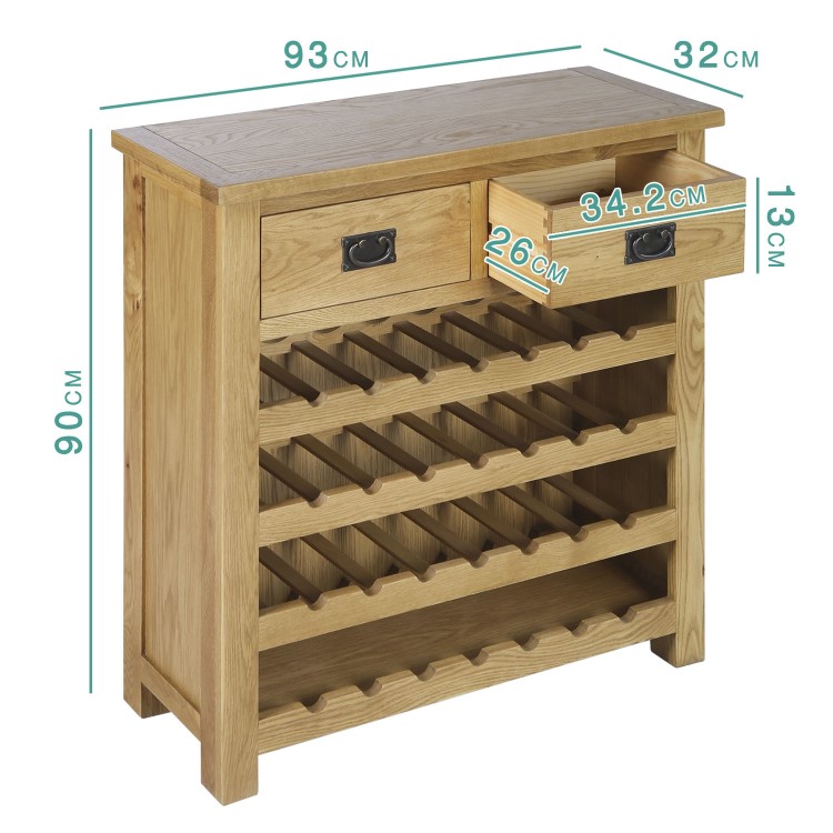 Solid Oak Wine Rack Sideboard with Drawers - Rustic Saxon