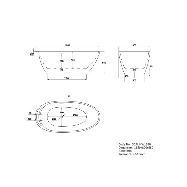 Freestanding Matt White 1650 x 800mm Bath with Rail - Scala