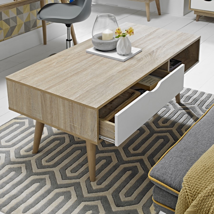 LPD Scandi Oak Effect Coffee Table with White Drawer