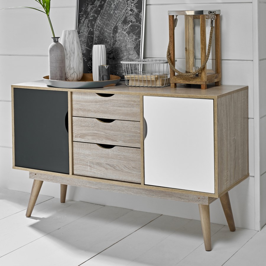 LPD Scandi 2 Door 3 Drawer Oak Effect Sideboard Grey and White Doors