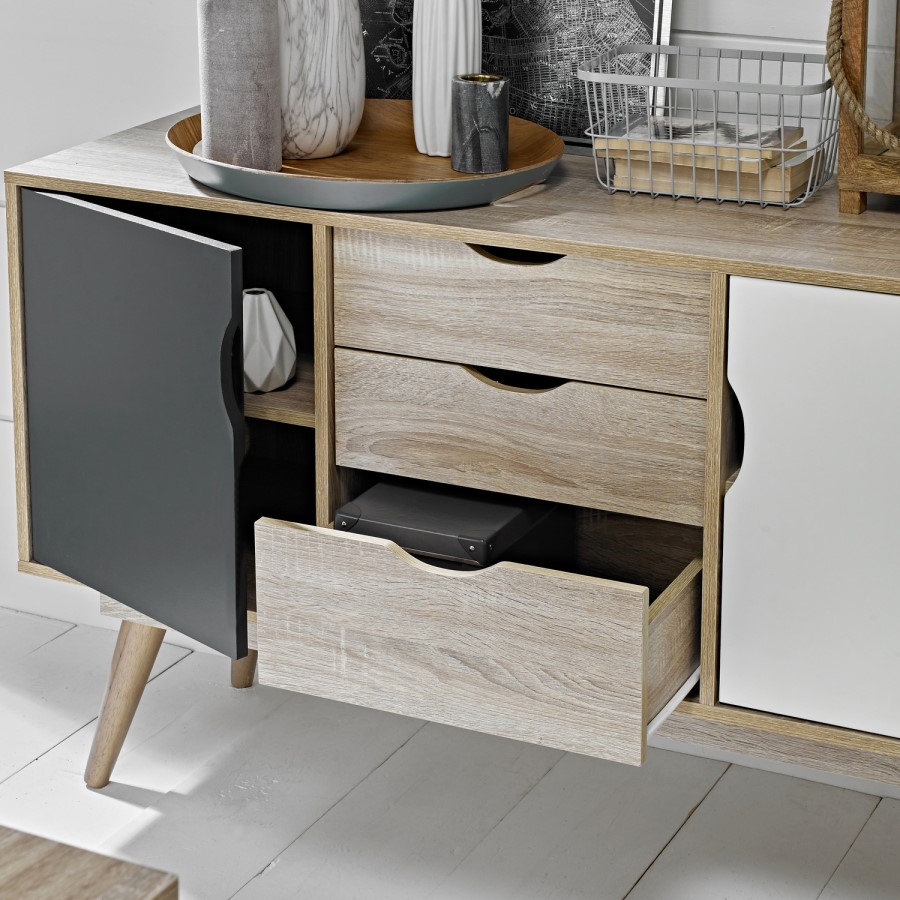 LPD Scandi 2 Door 3 Drawer Oak Effect Sideboard Grey and White Doors