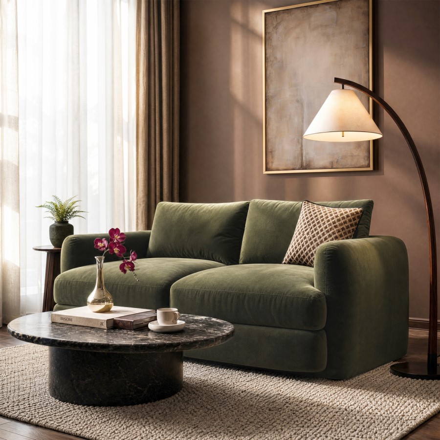 Khaki Green Velvet 3 Seater Sofa - Sade 