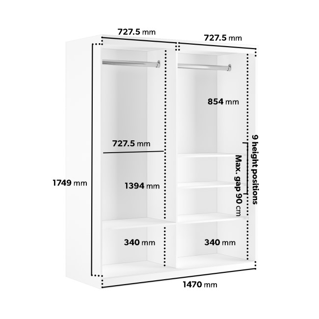 White Sliding Door Double Wardrobe with Shelves - Sidney